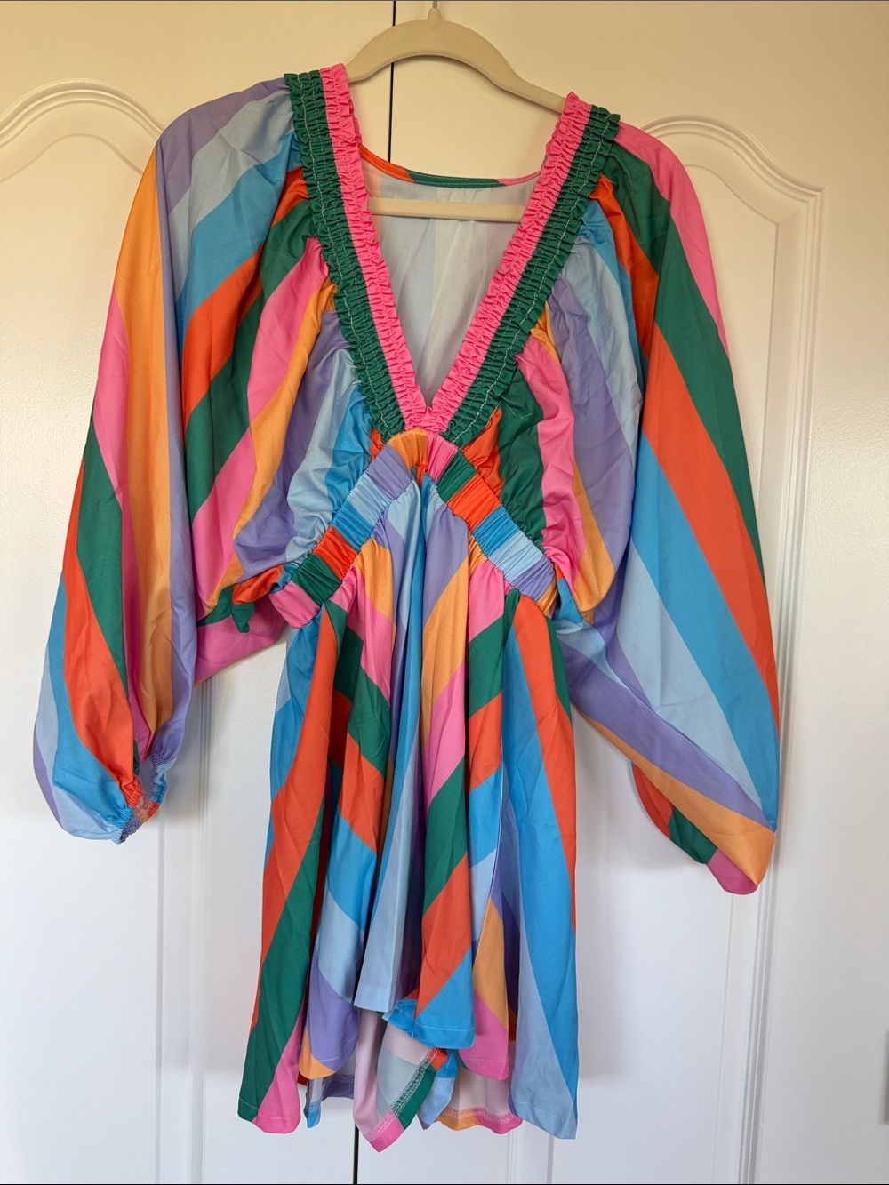 Multicolor Striped Deep V Romper with Smocked Trim